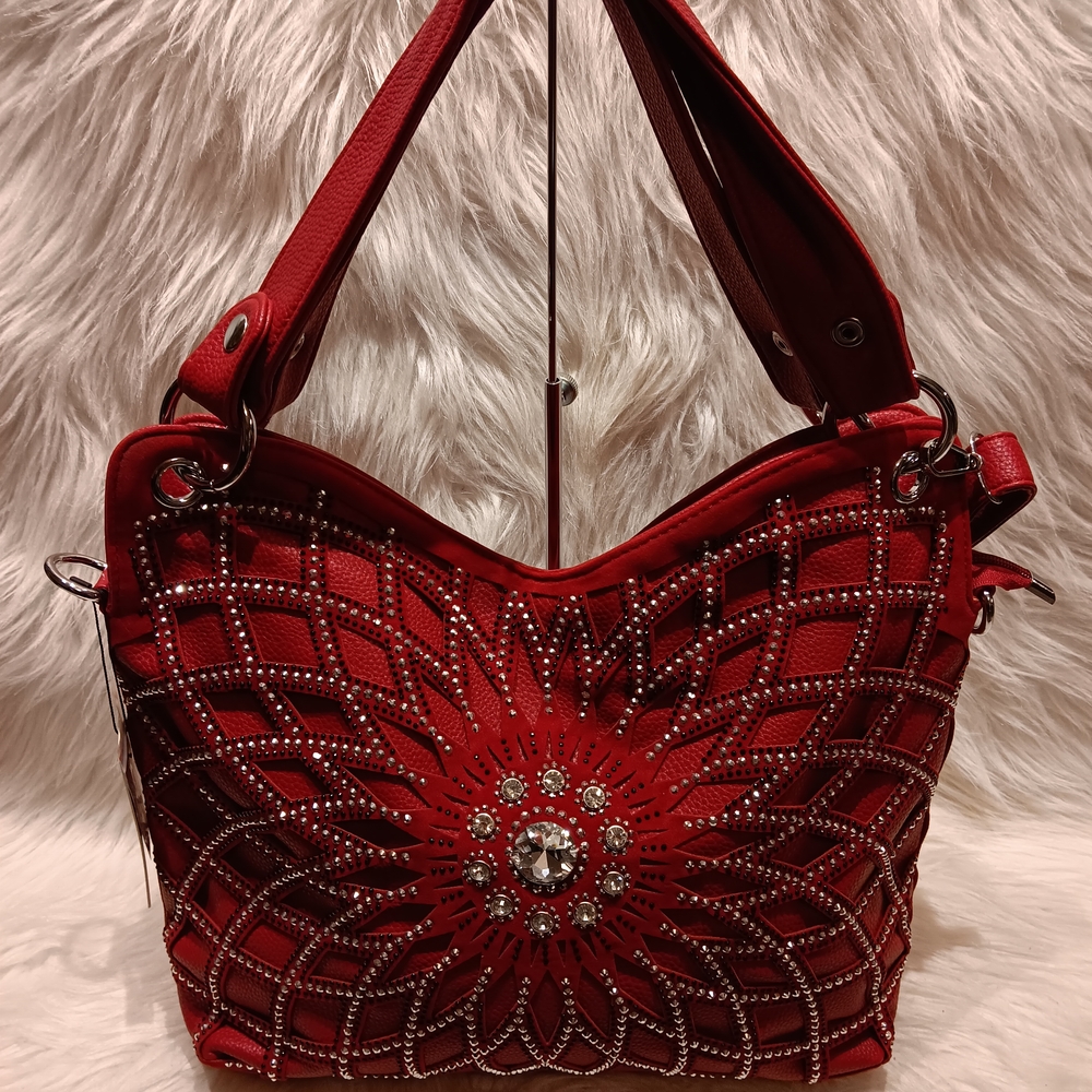RED SUNBURST RHINESTONE HANDBAG